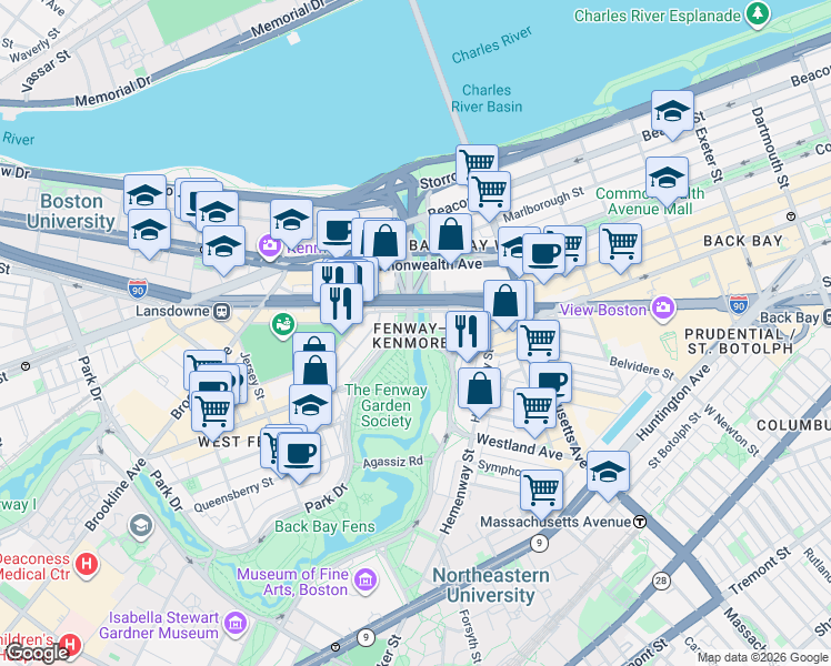 map of restaurants, bars, coffee shops, grocery stores, and more near in Boston