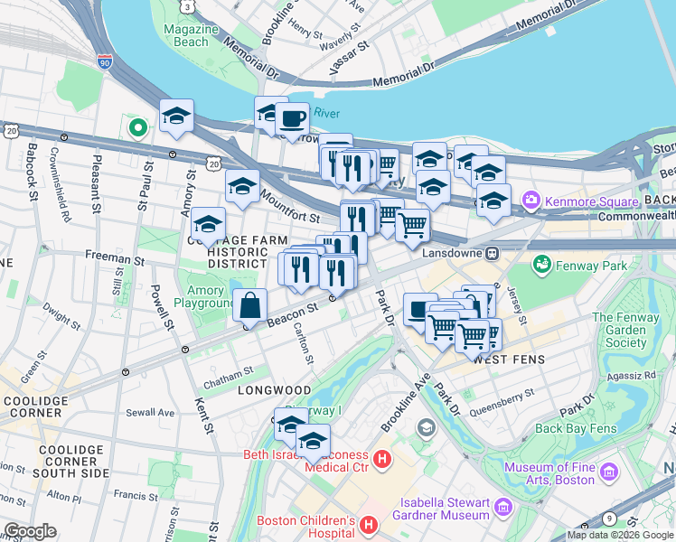 map of restaurants, bars, coffee shops, grocery stores, and more near in Brookline