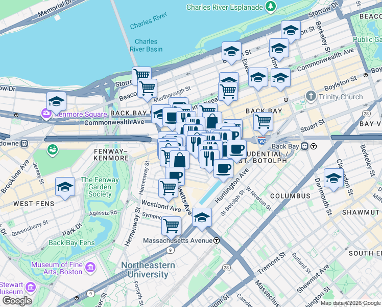 map of restaurants, bars, coffee shops, grocery stores, and more near 50 Dalton Street in Boston