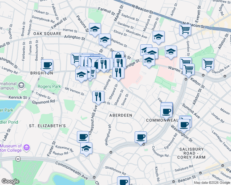 map of restaurants, bars, coffee shops, grocery stores, and more near 30 Shannon Street in Boston