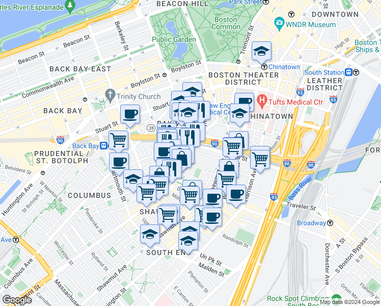 map of restaurants, bars, coffee shops, grocery stores, and more near 414 Tremont Street in Boston