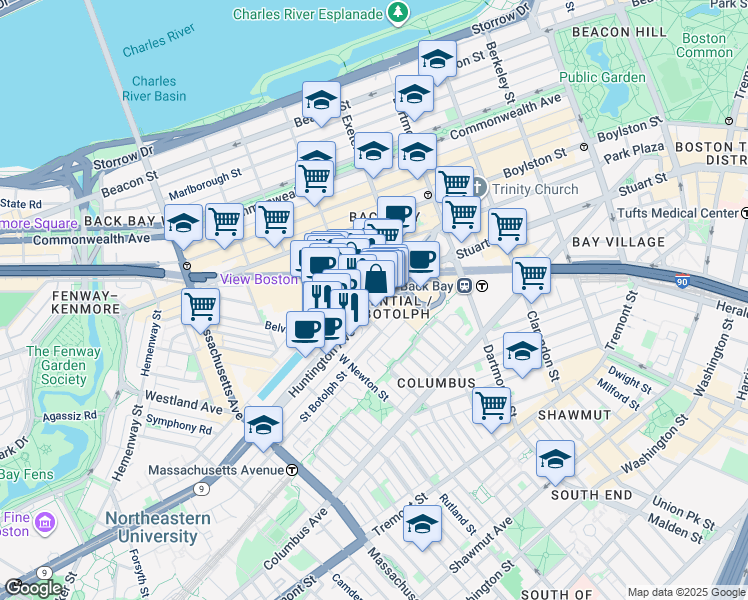 map of restaurants, bars, coffee shops, grocery stores, and more near 61 Huntington Avenue in Boston