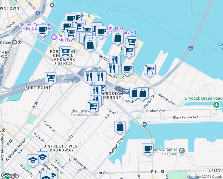 map of restaurants, bars, coffee shops, grocery stores, and more near in Boston