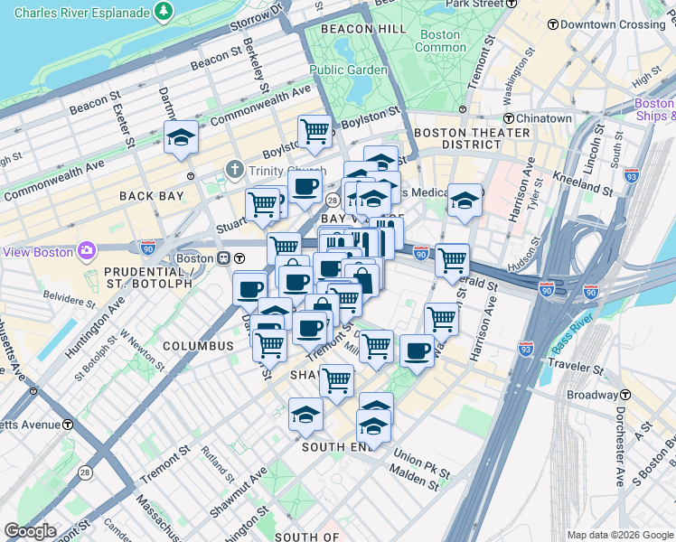 map of restaurants, bars, coffee shops, grocery stores, and more near in Boston