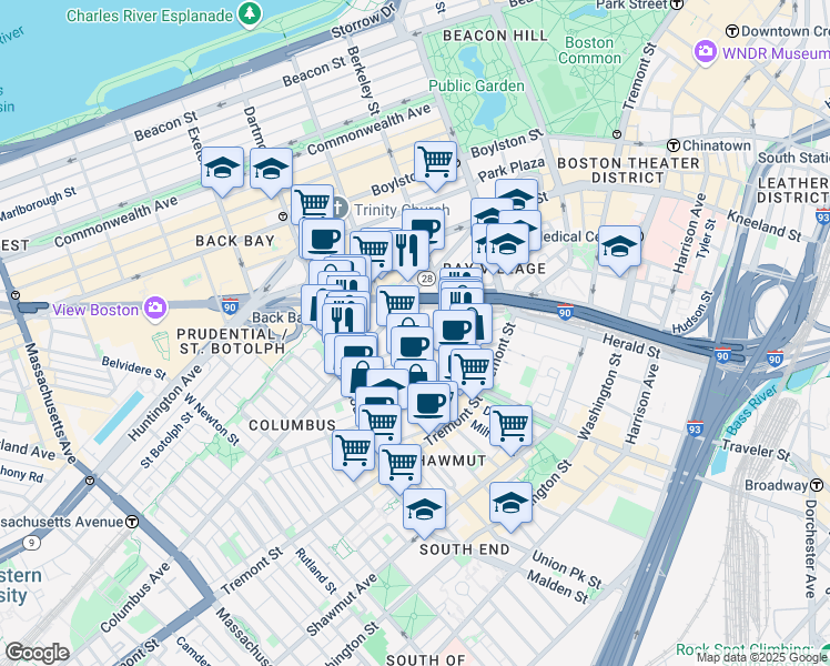 map of restaurants, bars, coffee shops, grocery stores, and more near in Boston