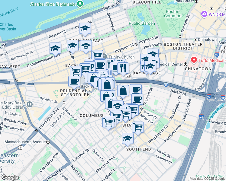 map of restaurants, bars, coffee shops, grocery stores, and more near 329 Columbus Avenue in Boston