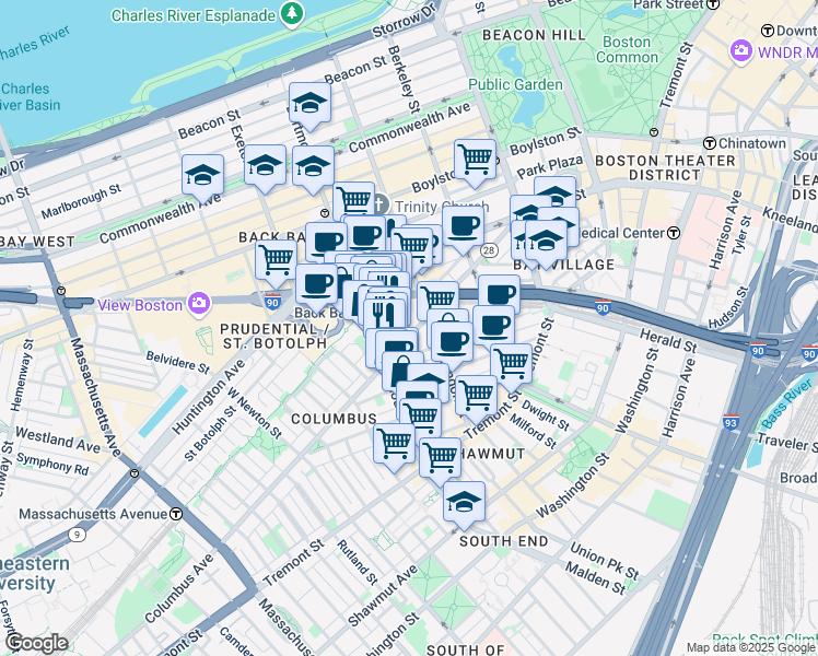 map of restaurants, bars, coffee shops, grocery stores, and more near in Boston