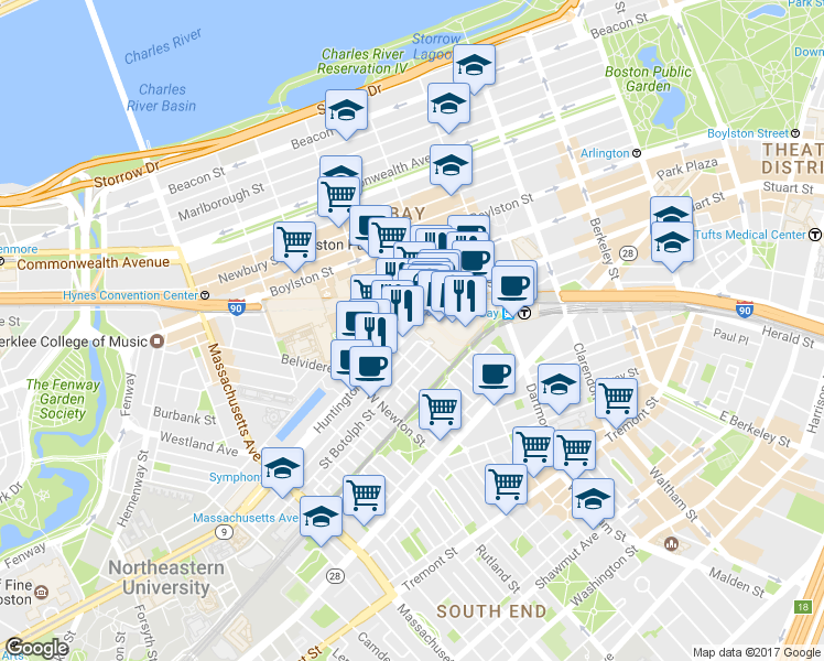 map of restaurants, bars, coffee shops, grocery stores, and more near 2 Harcourt Street in Boston