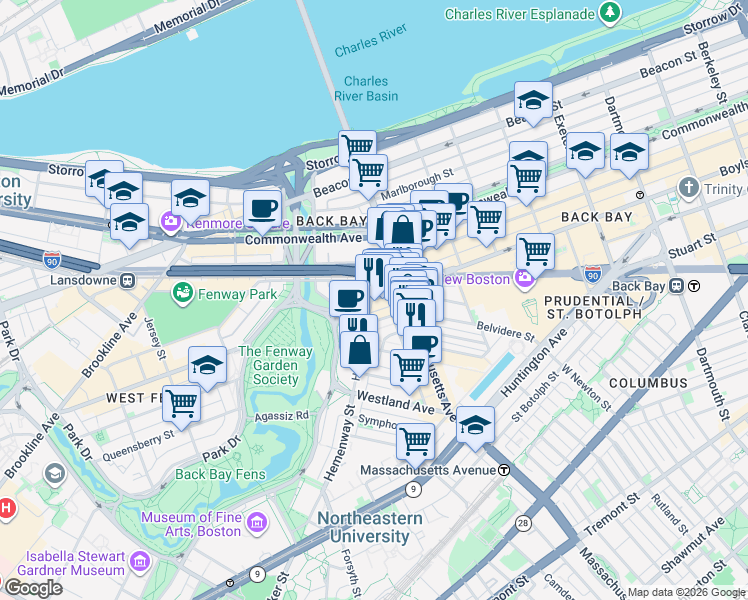 map of restaurants, bars, coffee shops, grocery stores, and more near in Boston