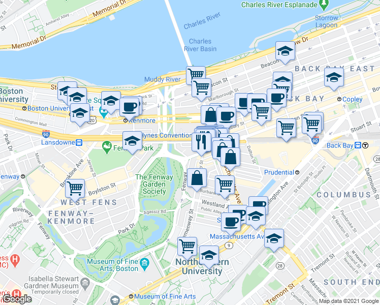 map of restaurants, bars, coffee shops, grocery stores, and more near in Boston