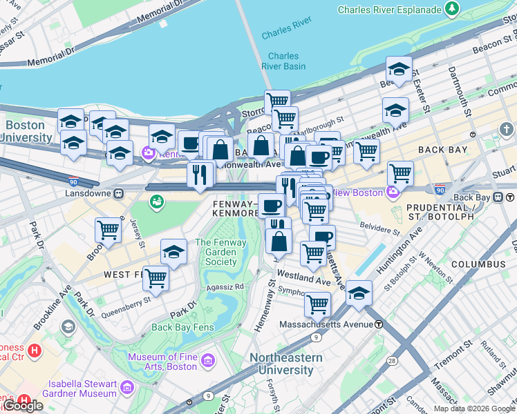 map of restaurants, bars, coffee shops, grocery stores, and more near 3780 Boylston Street in Boston