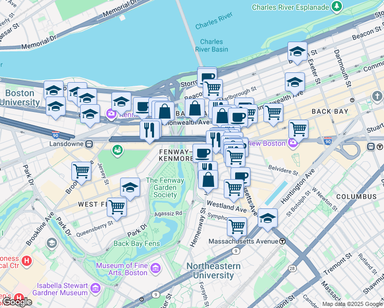 map of restaurants, bars, coffee shops, grocery stores, and more near 3780 Boylston Street in Boston