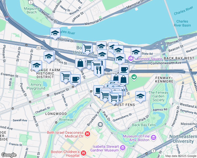 map of restaurants, bars, coffee shops, grocery stores, and more near 9 Miner Street in Boston
