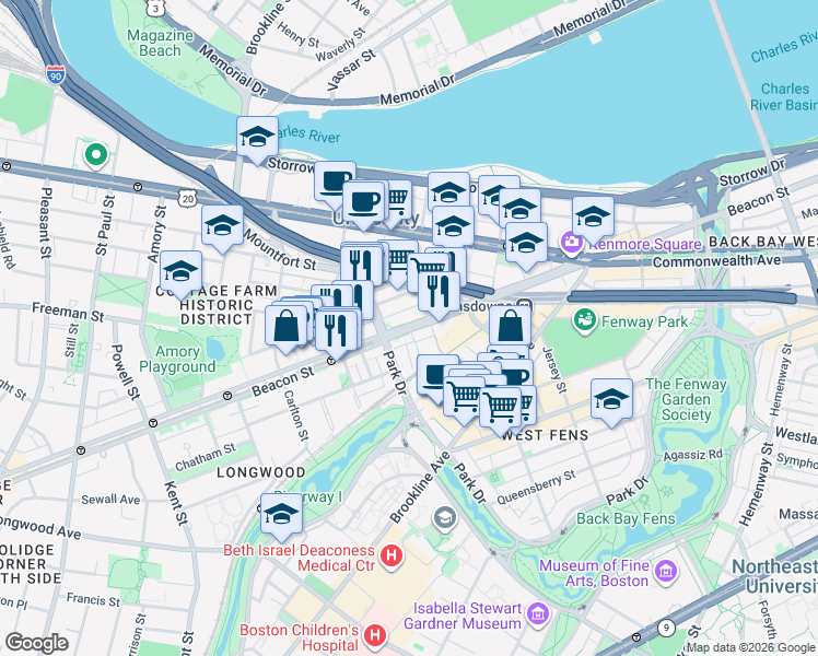 map of restaurants, bars, coffee shops, grocery stores, and more near 880 Beacon Street in Boston