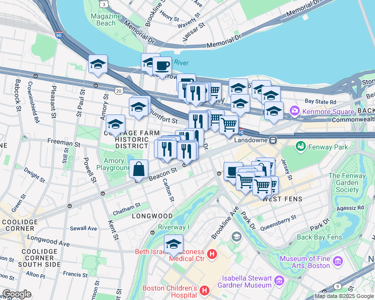 map of restaurants, bars, coffee shops, grocery stores, and more near 1012 Saint Marys Court in Brookline