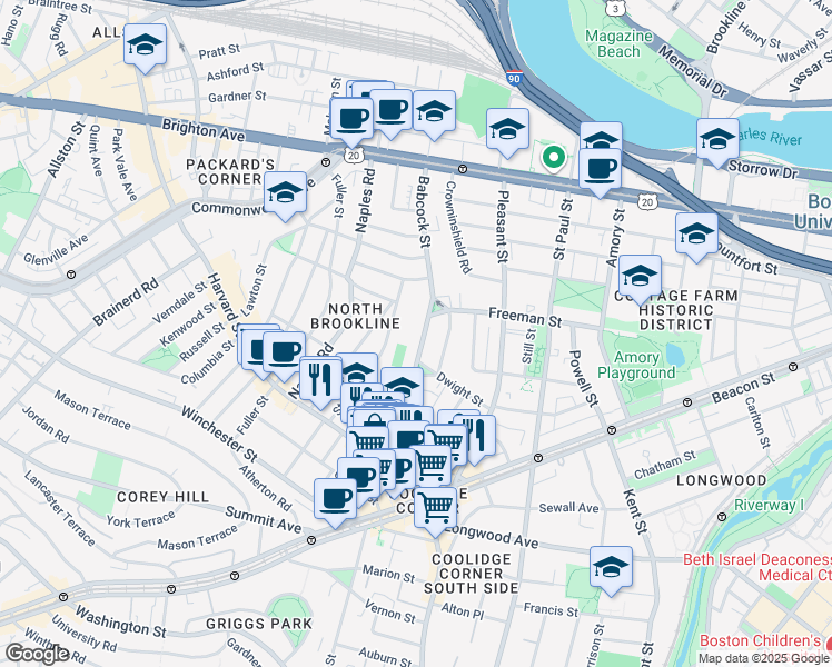 map of restaurants, bars, coffee shops, grocery stores, and more near 99 Babcock Street in Brookline