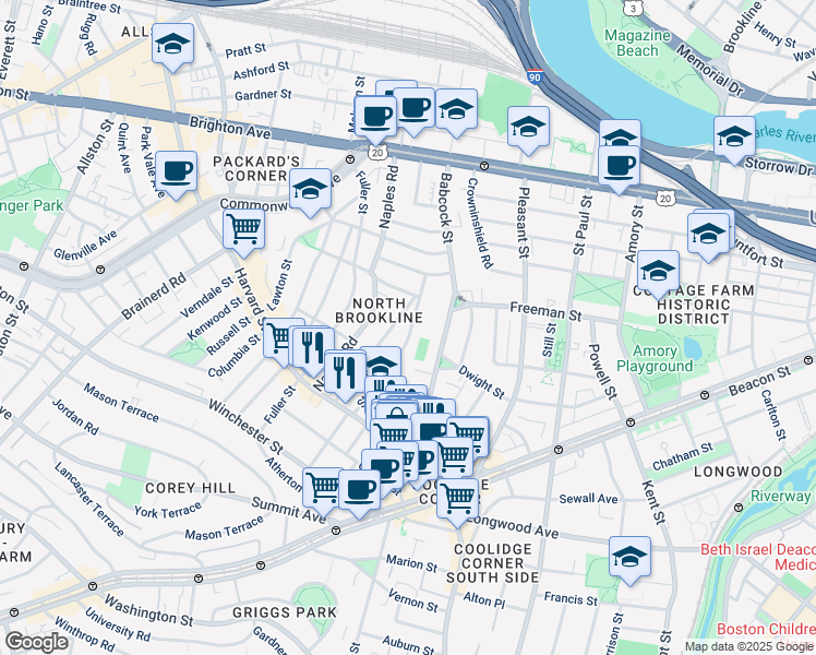 map of restaurants, bars, coffee shops, grocery stores, and more near 75 Stedman Street in Brookline