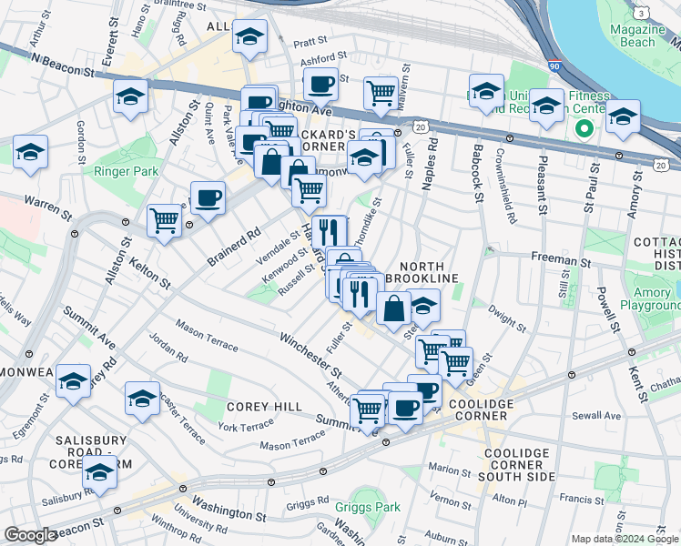 map of restaurants, bars, coffee shops, grocery stores, and more near 458 Harvard Street in Brookline