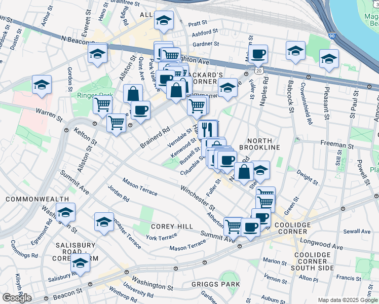 map of restaurants, bars, coffee shops, grocery stores, and more near 34 Russell Street in Brookline