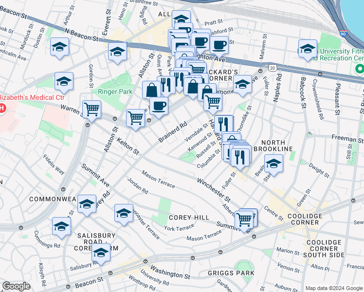 map of restaurants, bars, coffee shops, grocery stores, and more near in Brookline