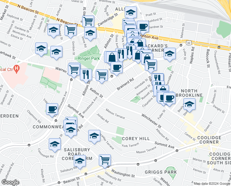 map of restaurants, bars, coffee shops, grocery stores, and more near in Boston