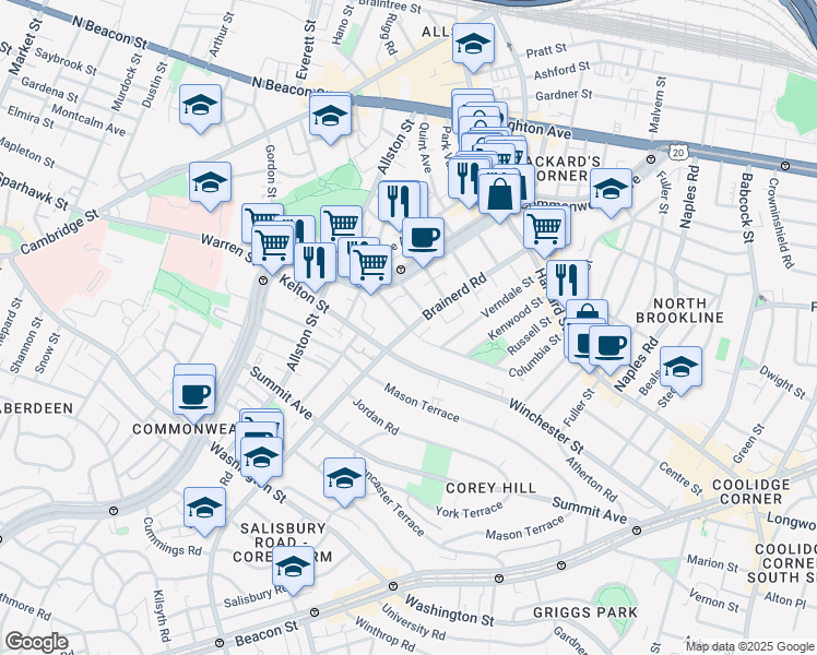 map of restaurants, bars, coffee shops, grocery stores, and more near 85 Brainerd Road in Boston