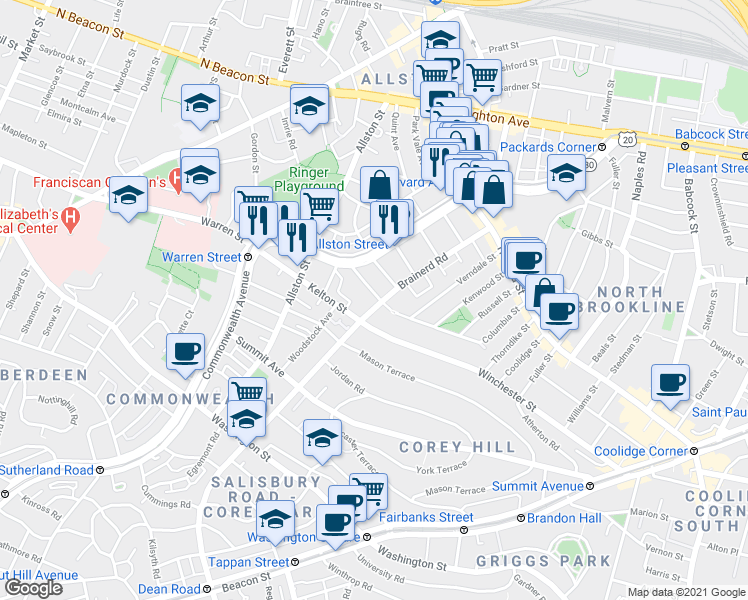map of restaurants, bars, coffee shops, grocery stores, and more near 33 Walbridge Street in Boston