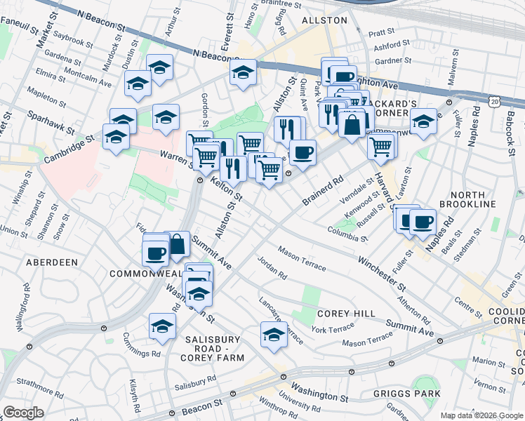 map of restaurants, bars, coffee shops, grocery stores, and more near 244 Kelton Street in Boston