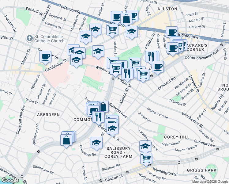 map of restaurants, bars, coffee shops, grocery stores, and more near 1486 Commonwealth Avenue in Boston