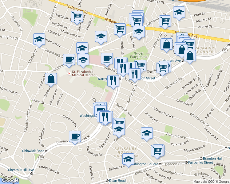 map of restaurants, bars, coffee shops, grocery stores, and more near 1486 Commonwealth Avenue in Boston
