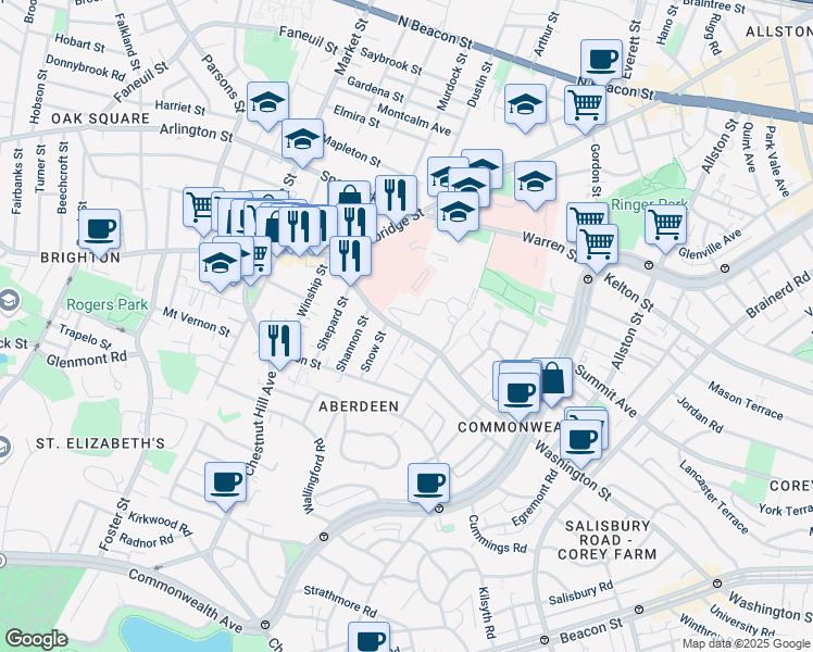 map of restaurants, bars, coffee shops, grocery stores, and more near 200 Washington Street in Boston