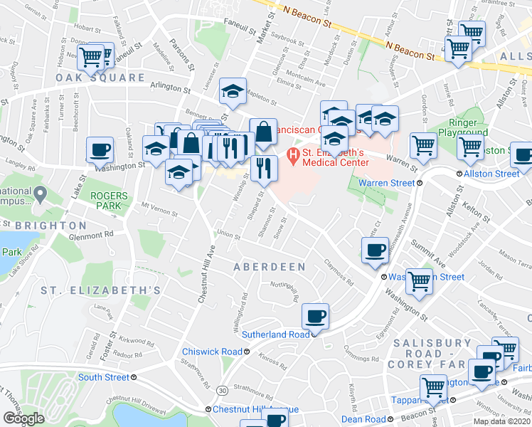 map of restaurants, bars, coffee shops, grocery stores, and more near 30 Shannon Street in Boston