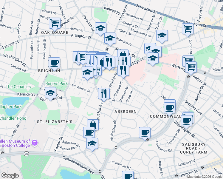 map of restaurants, bars, coffee shops, grocery stores, and more near 39 Shepard Street in Boston