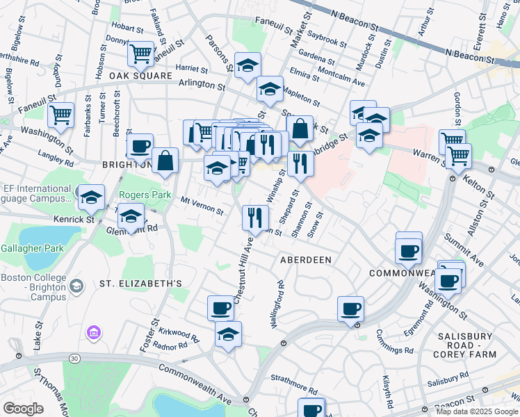 map of restaurants, bars, coffee shops, grocery stores, and more near 27 Eulita Terrace in Boston