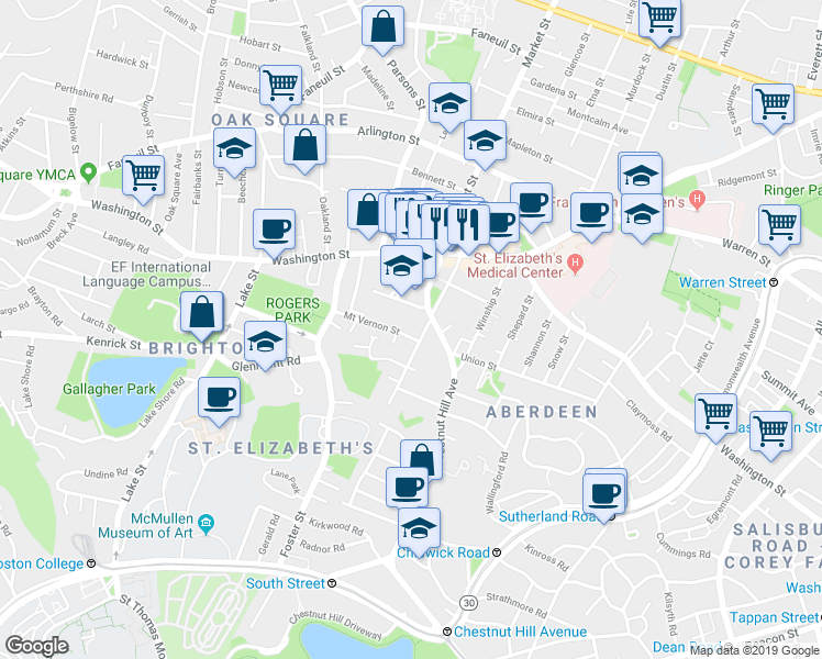 map of restaurants, bars, coffee shops, grocery stores, and more near 82 Academy Hill Road in Boston