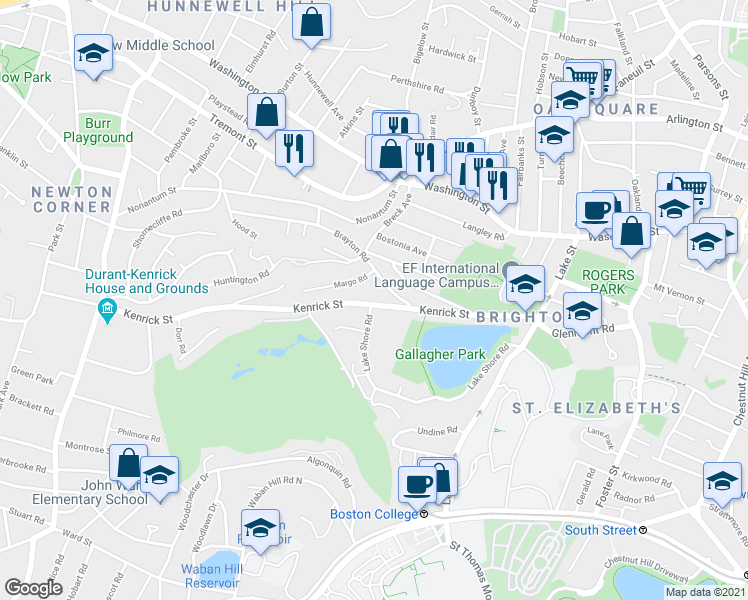 map of restaurants, bars, coffee shops, grocery stores, and more near 150 Kenrick Street in Boston