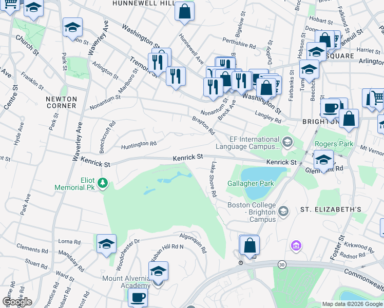 map of restaurants, bars, coffee shops, grocery stores, and more near 199 Kenrick Street in Boston