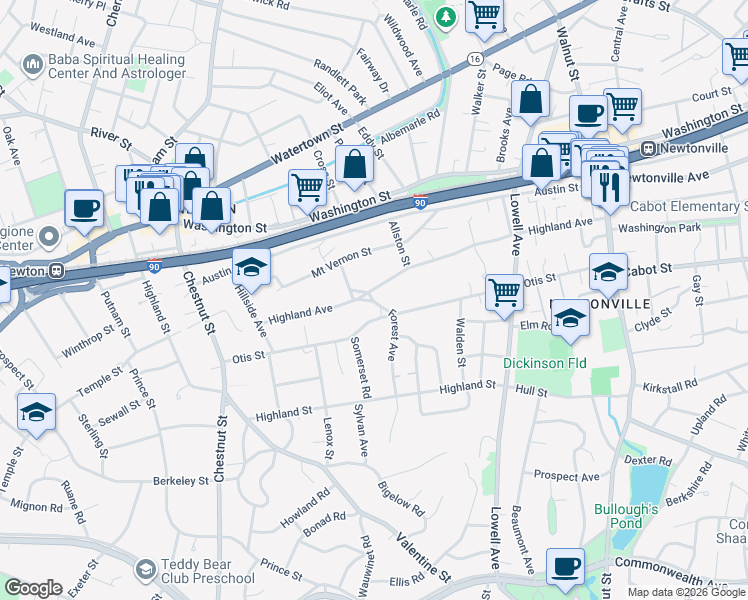 map of restaurants, bars, coffee shops, grocery stores, and more near 221 Otis Street in Newton