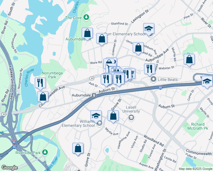 map of restaurants, bars, coffee shops, grocery stores, and more near 349 Auburn Street in Newton