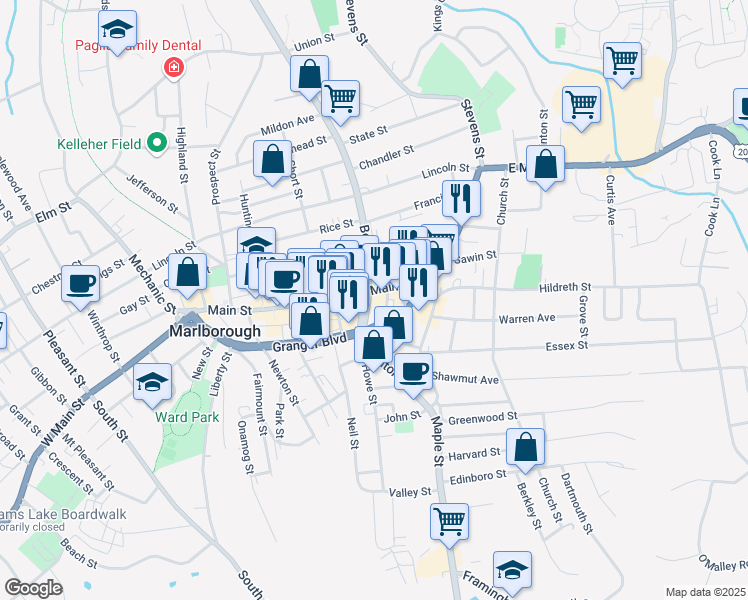 map of restaurants, bars, coffee shops, grocery stores, and more near 27 Cotting Avenue in Marlborough