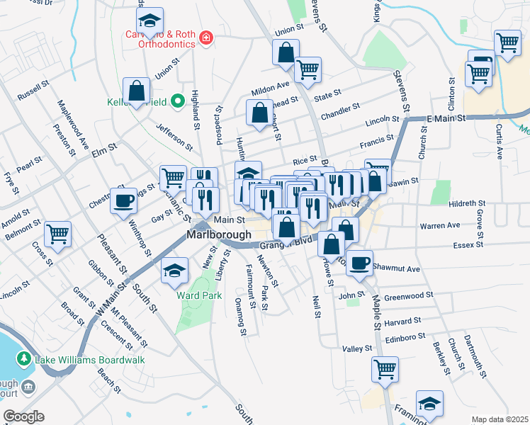 map of restaurants, bars, coffee shops, grocery stores, and more near 205 Main Street in Marlborough