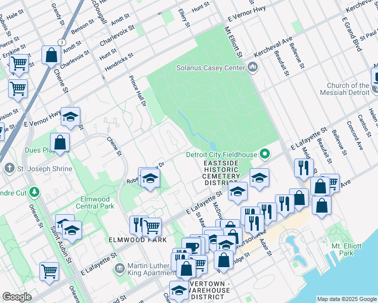map of restaurants, bars, coffee shops, grocery stores, and more near 1382 Village Drive in Detroit