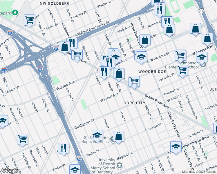 map of restaurants, bars, coffee shops, grocery stores, and more near 4651 16th Street in Detroit