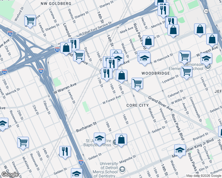 map of restaurants, bars, coffee shops, grocery stores, and more near 4651 16th Street in Detroit