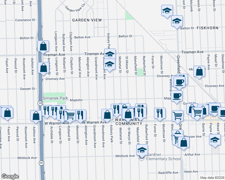 map of restaurants, bars, coffee shops, grocery stores, and more near 7434 Woodmont Avenue in Detroit