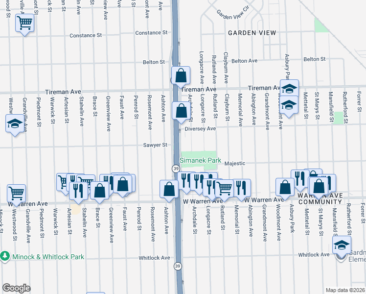 map of restaurants, bars, coffee shops, grocery stores, and more near 7430 Southfield Freeway in Detroit