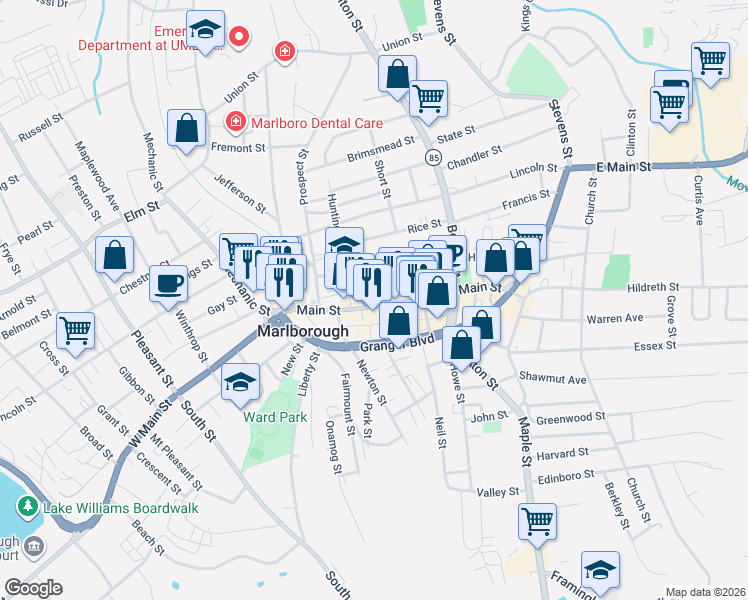 map of restaurants, bars, coffee shops, grocery stores, and more near 175 Main Street in Marlborough