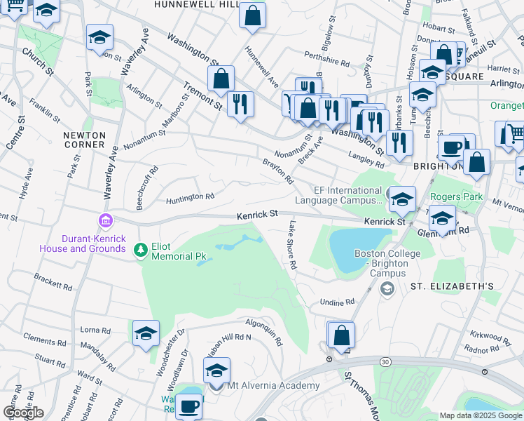 map of restaurants, bars, coffee shops, grocery stores, and more near 199 Kenrick Street in Boston