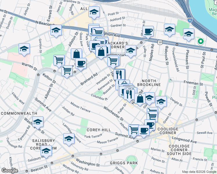 map of restaurants, bars, coffee shops, grocery stores, and more near 34 Russell Street in Brookline