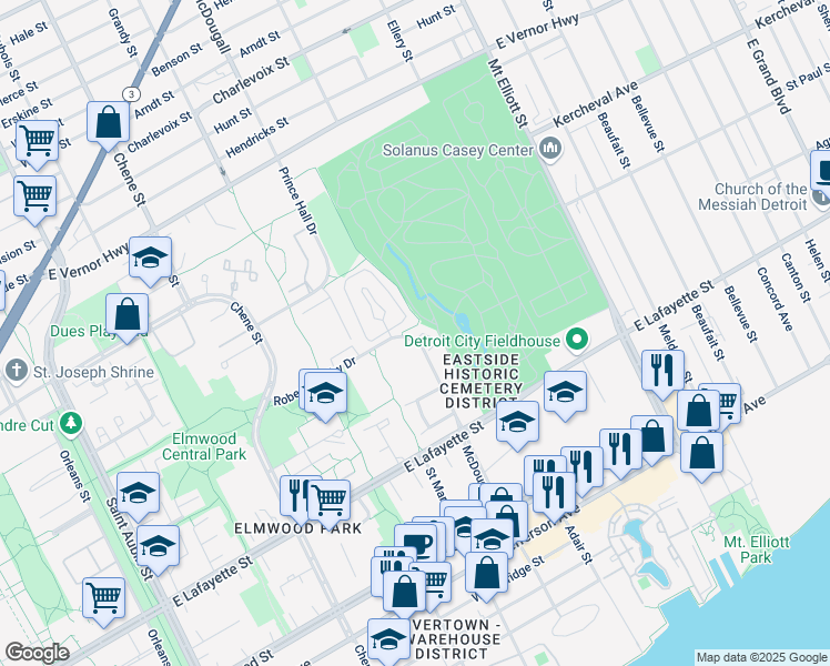 map of restaurants, bars, coffee shops, grocery stores, and more near 1382 Village Drive in Detroit